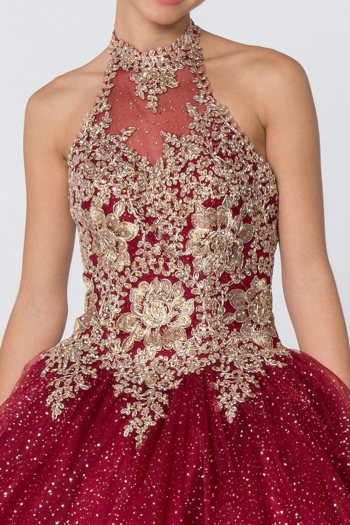 Elizabeth K - GL2805 Gilt Embroidered Halter Glitter Ballgown Quinceanera Dresses