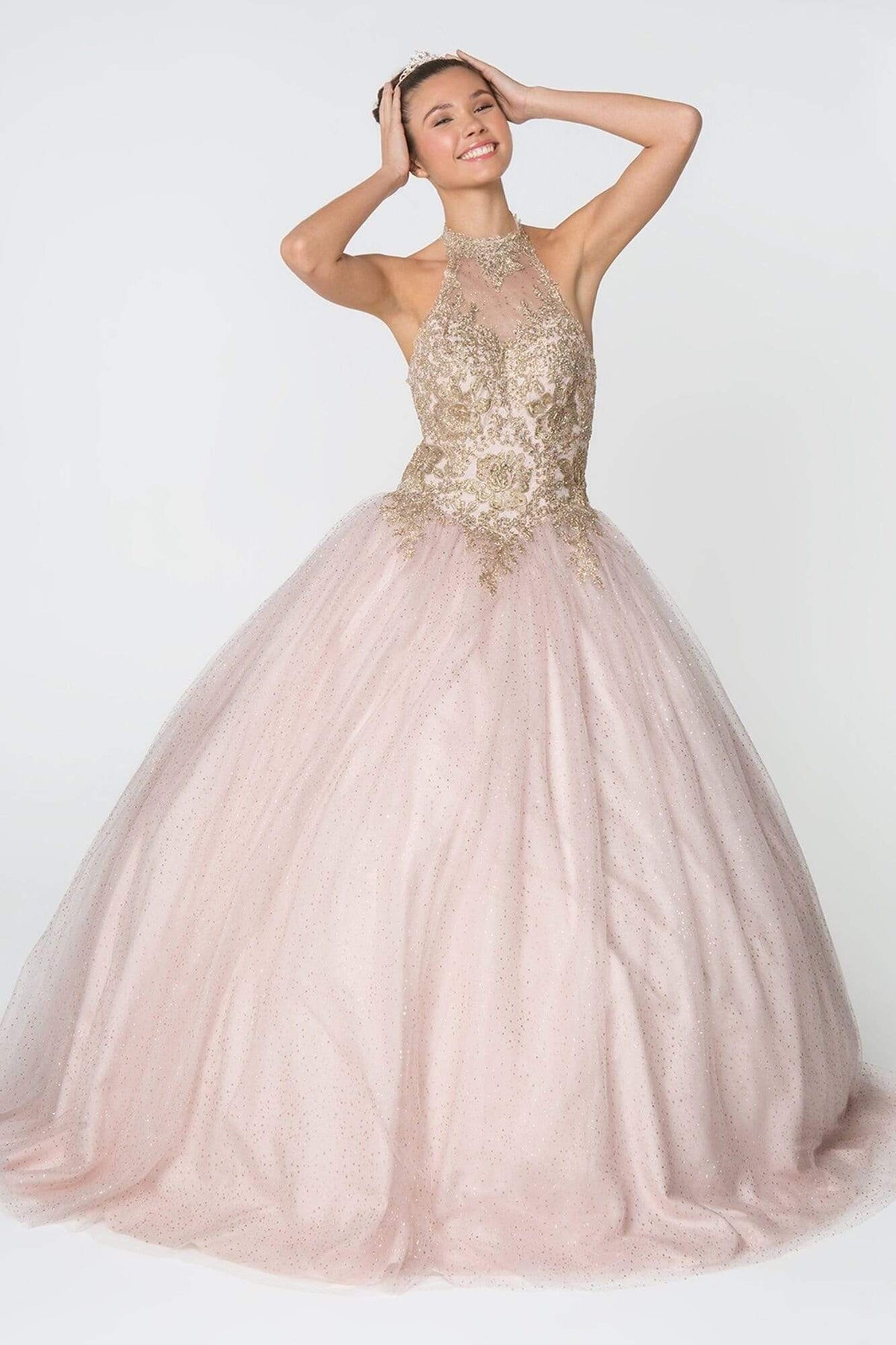 Elizabeth K - GL2805 Gilt Embroidered Halter Glitter Ballgown Quinceanera Dresses