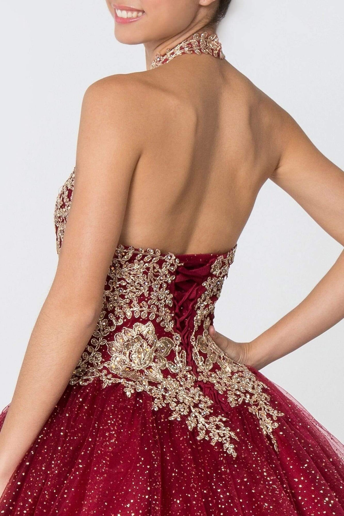 Elizabeth K - GL2805 Gilt Embroidered Halter Glitter Ballgown Quinceanera Dresses