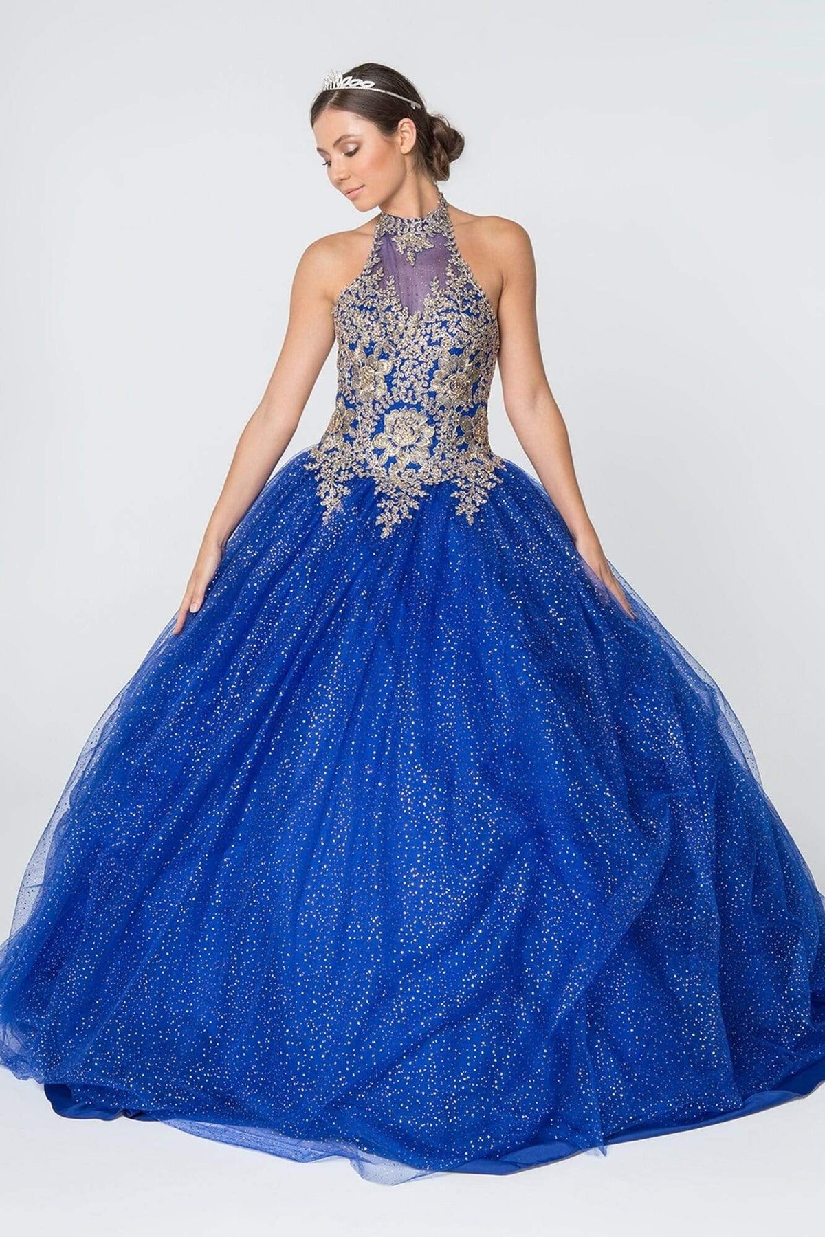 Elizabeth K - GL2805 Gilt Embroidered Halter Glitter Ballgown Quinceanera Dresses