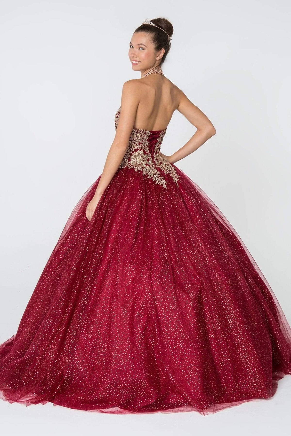 Elizabeth K - GL2805 Gilt Embroidered Halter Glitter Ballgown Quinceanera Dresses