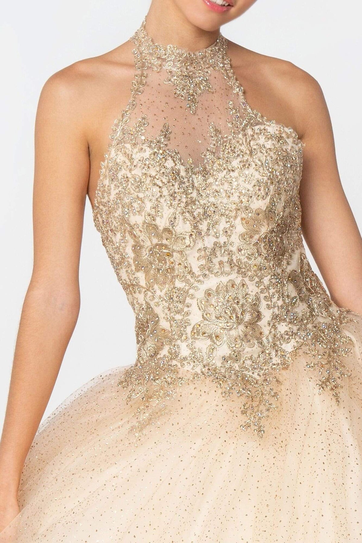 Elizabeth K - GL2805 Gilt Embroidered Halter Glitter Ballgown Quinceanera Dresses