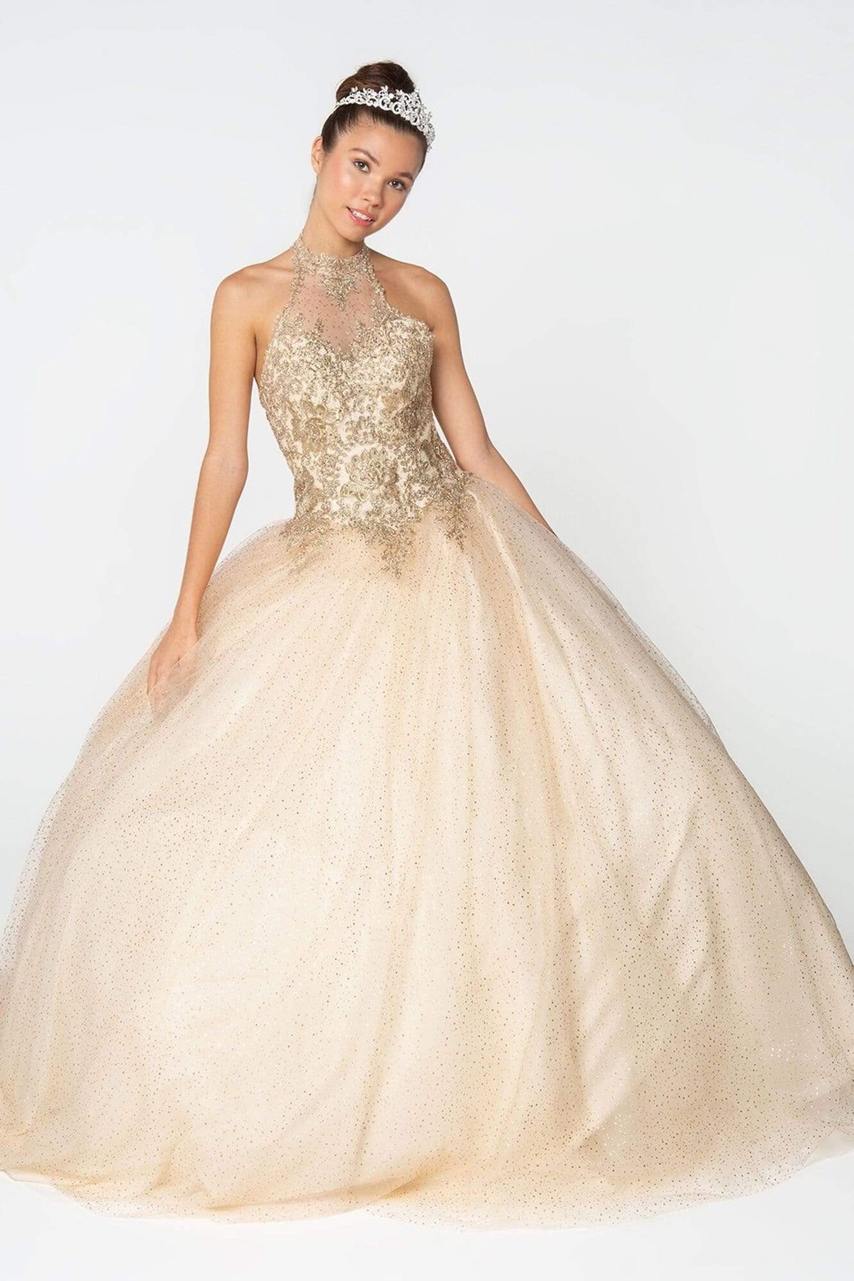 Elizabeth K - GL2805 Gilt Embroidered Halter Glitter Ballgown Quinceanera Dresses