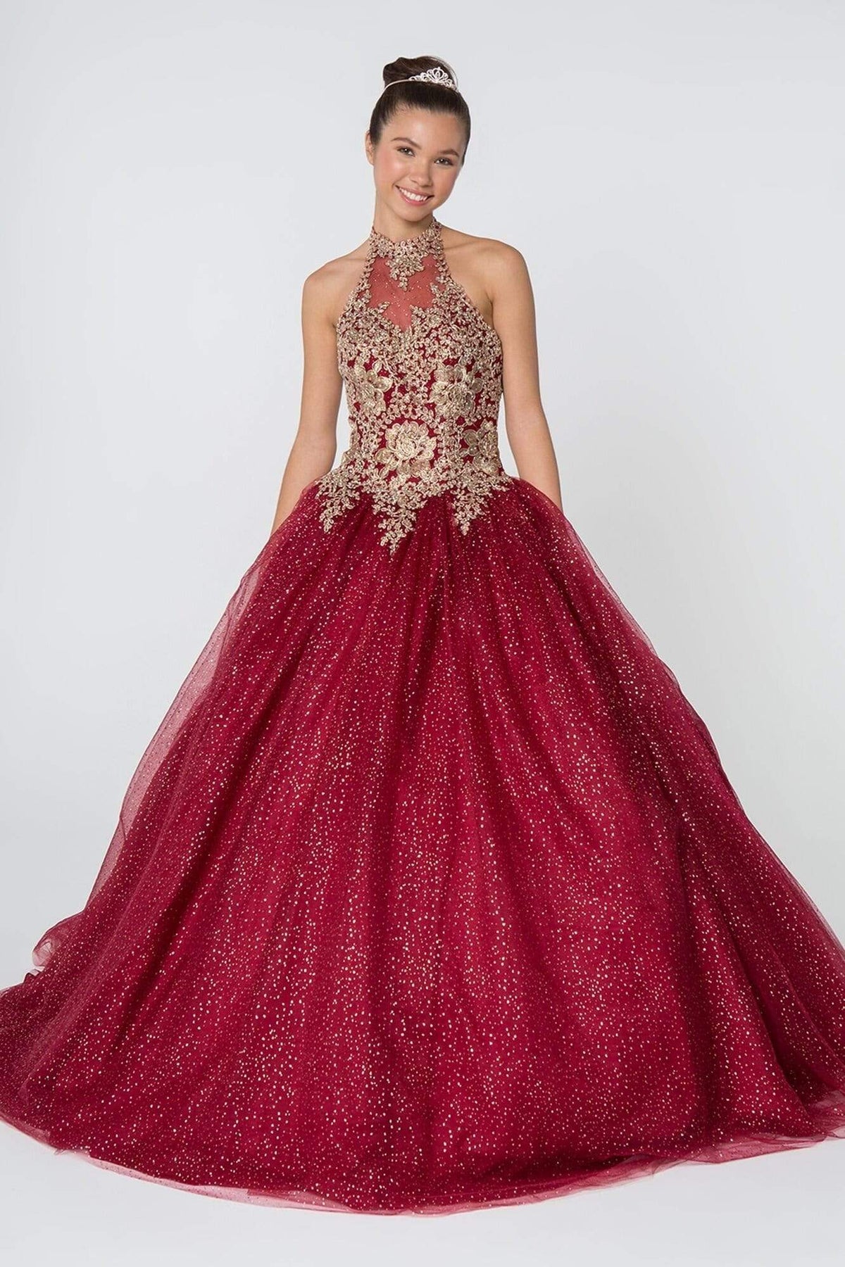 Elizabeth K - GL2805 Gilt Embroidered Halter Glitter Ballgown Quinceanera Dresses XS / Burgundy