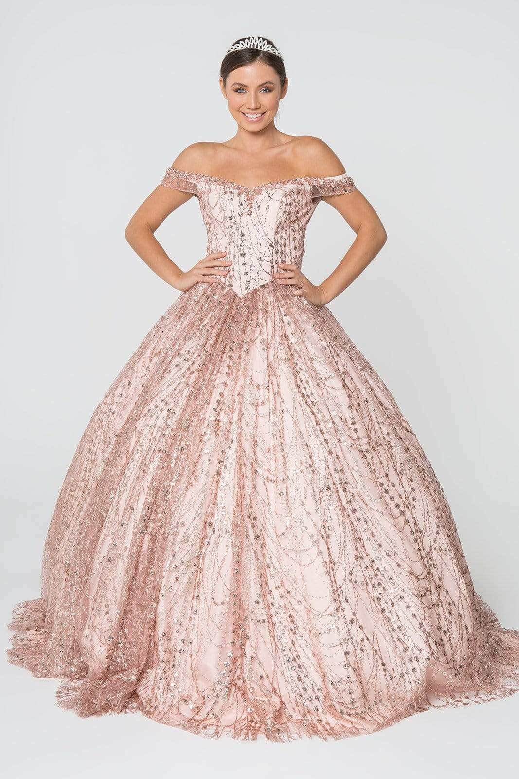 Elizabeth K - GL2831 Off Shoulder Glitter Mesh Ballgown Quinceanera Dresses XS / Rose Gold