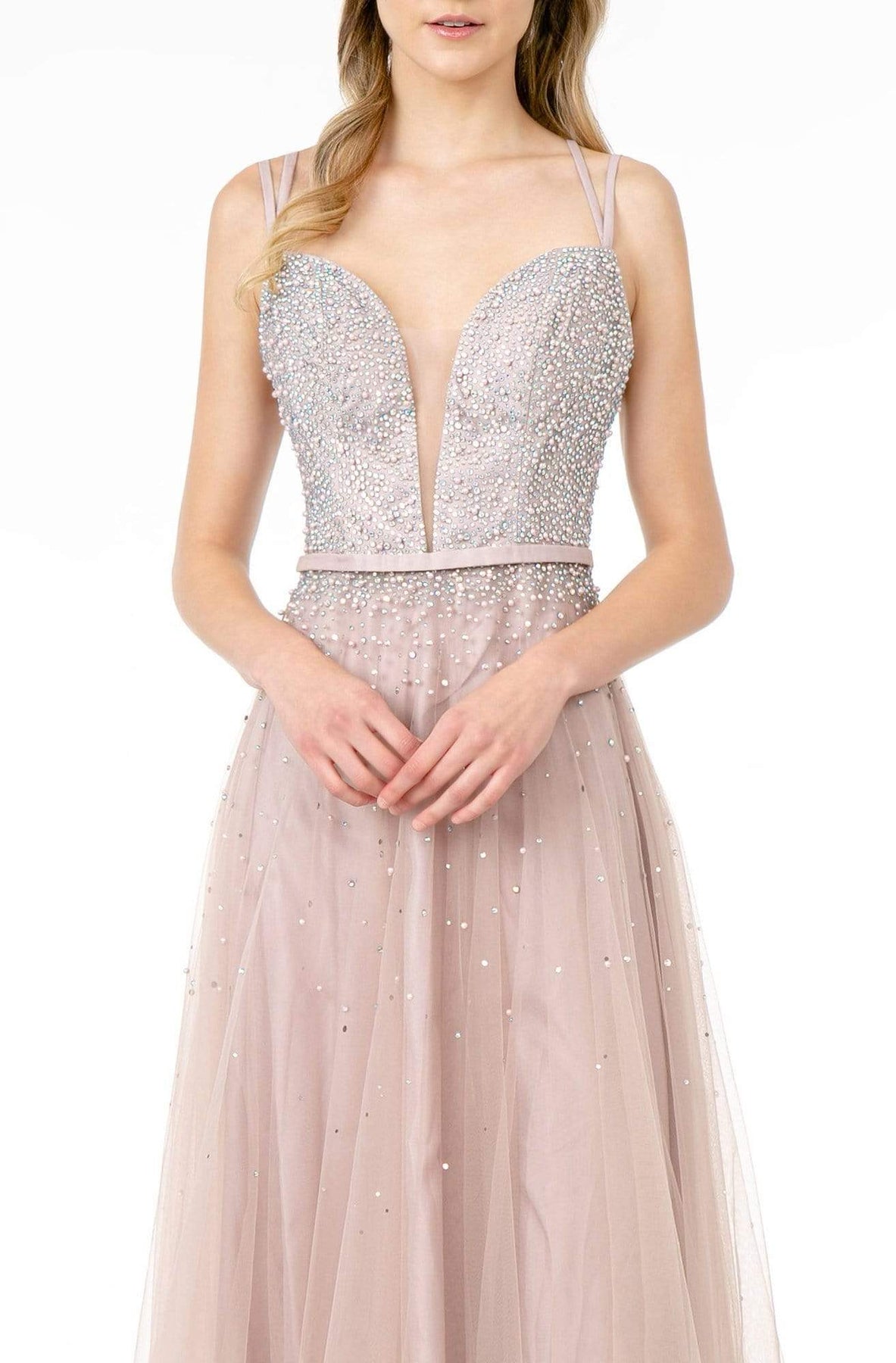 Elizabeth K - GL2892 Plunging Jewel-Studded A-Line Gown Prom Dresses