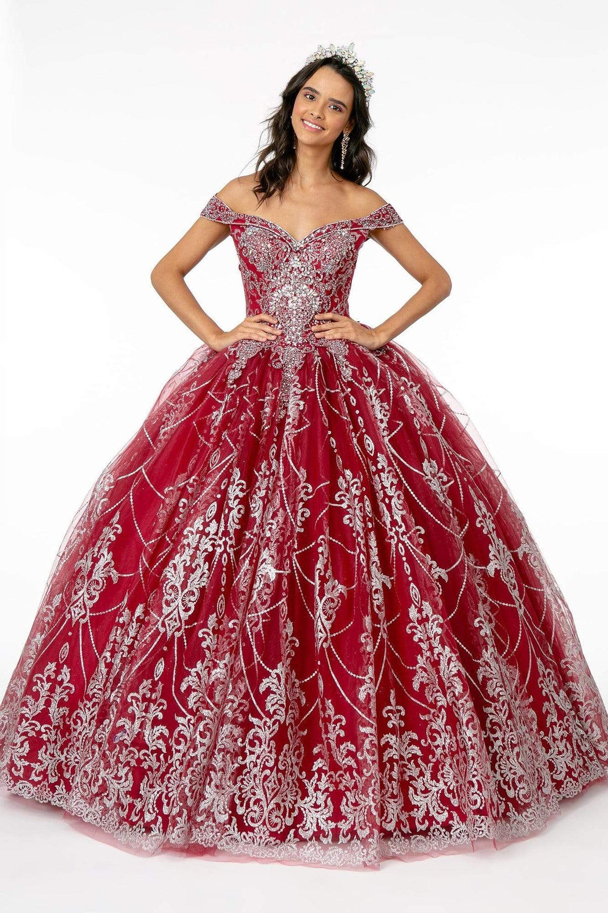 Elizabeth K - GL2910 Glitter Mesh Off-Shoulder Quinceanera Gown Quinceanera Dresses XS / Burgundy