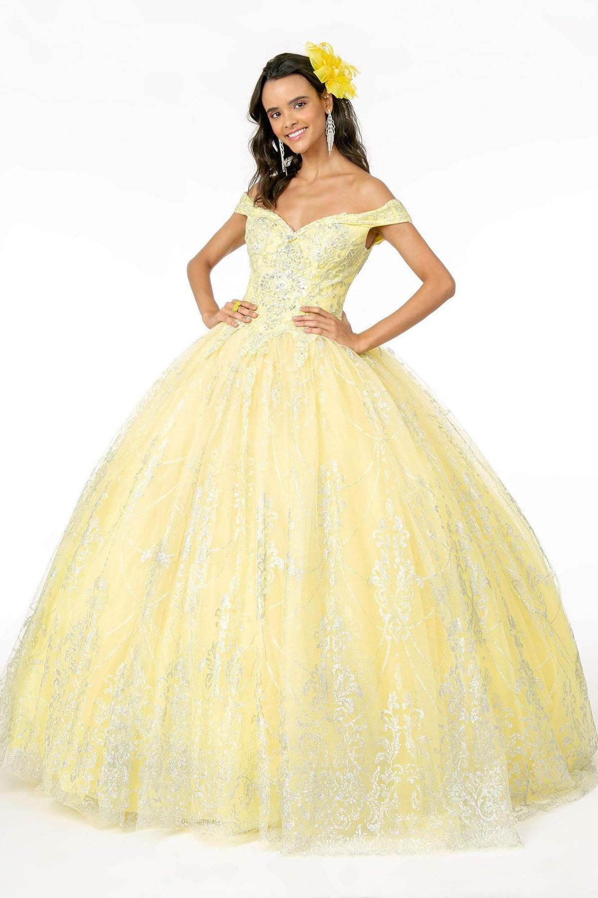 Elizabeth K - GL2910 Glitter Mesh Off-Shoulder Quinceanera Gown Quinceanera Dresses XS / Yellow