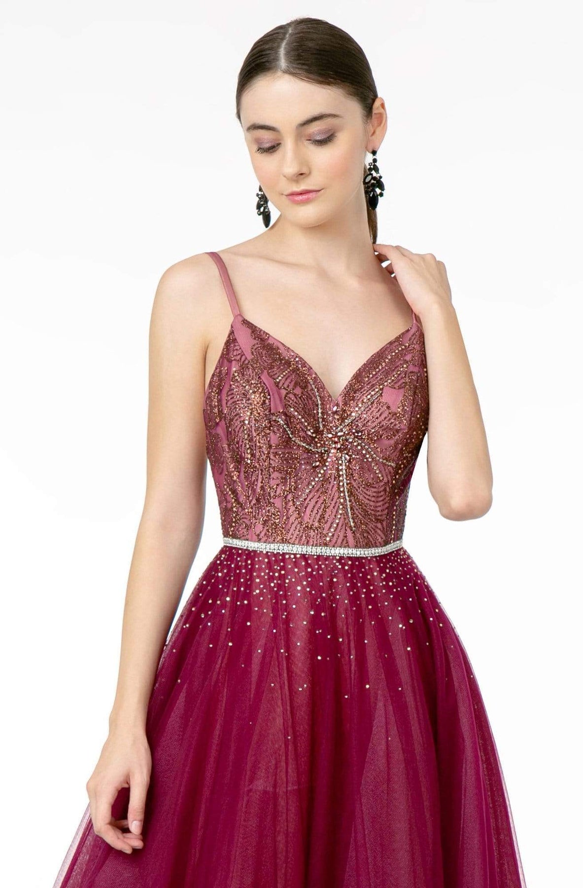 Elizabeth K - GL2991 Embellished Deep V-Neck A-Line Dress Prom Dresses