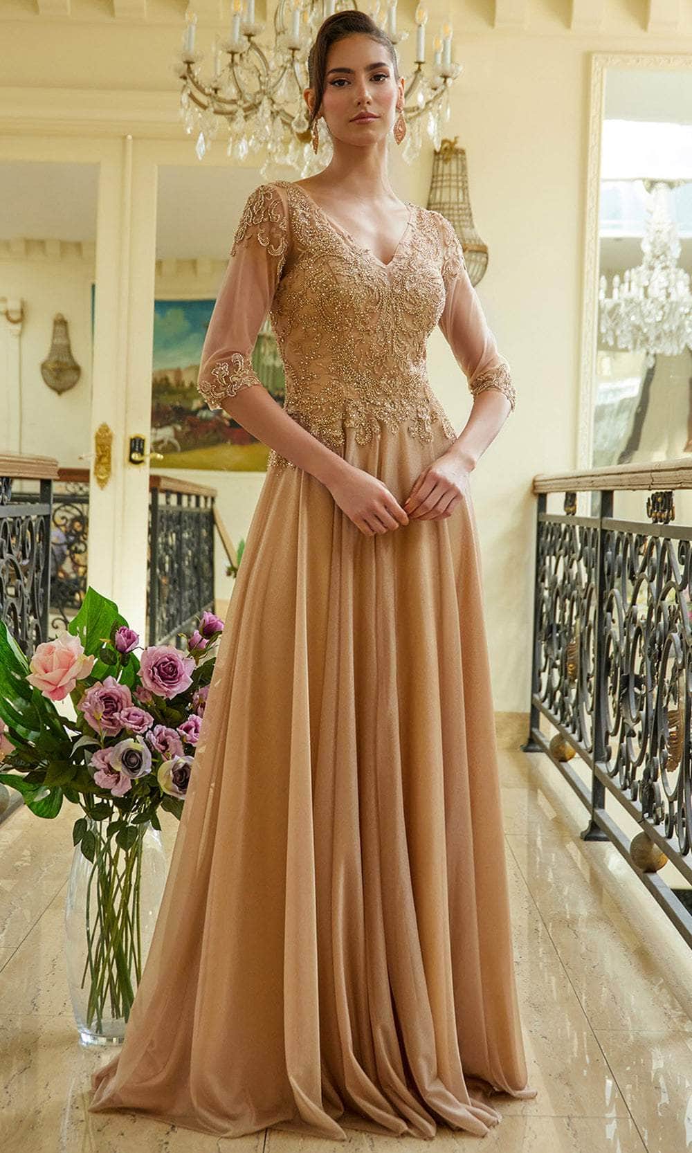 Elizabeth K GL3572 - Jeweled Bodice Deep V-Neck Formal Dress Mother of the Bride Dresses