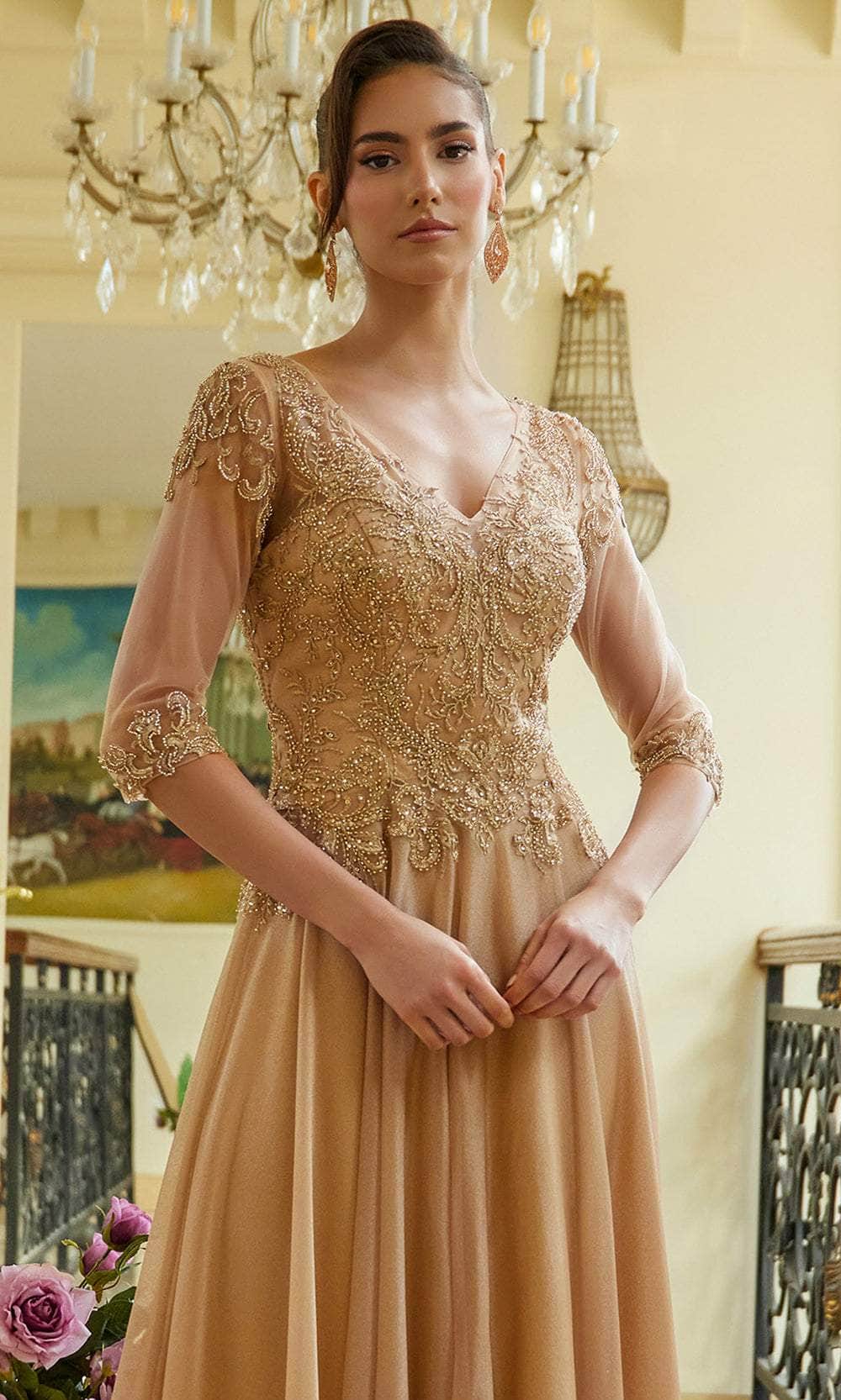 Elizabeth K GL3572 - Jeweled Bodice Deep V-Neck Formal Dress Mother of the Bride Dresses