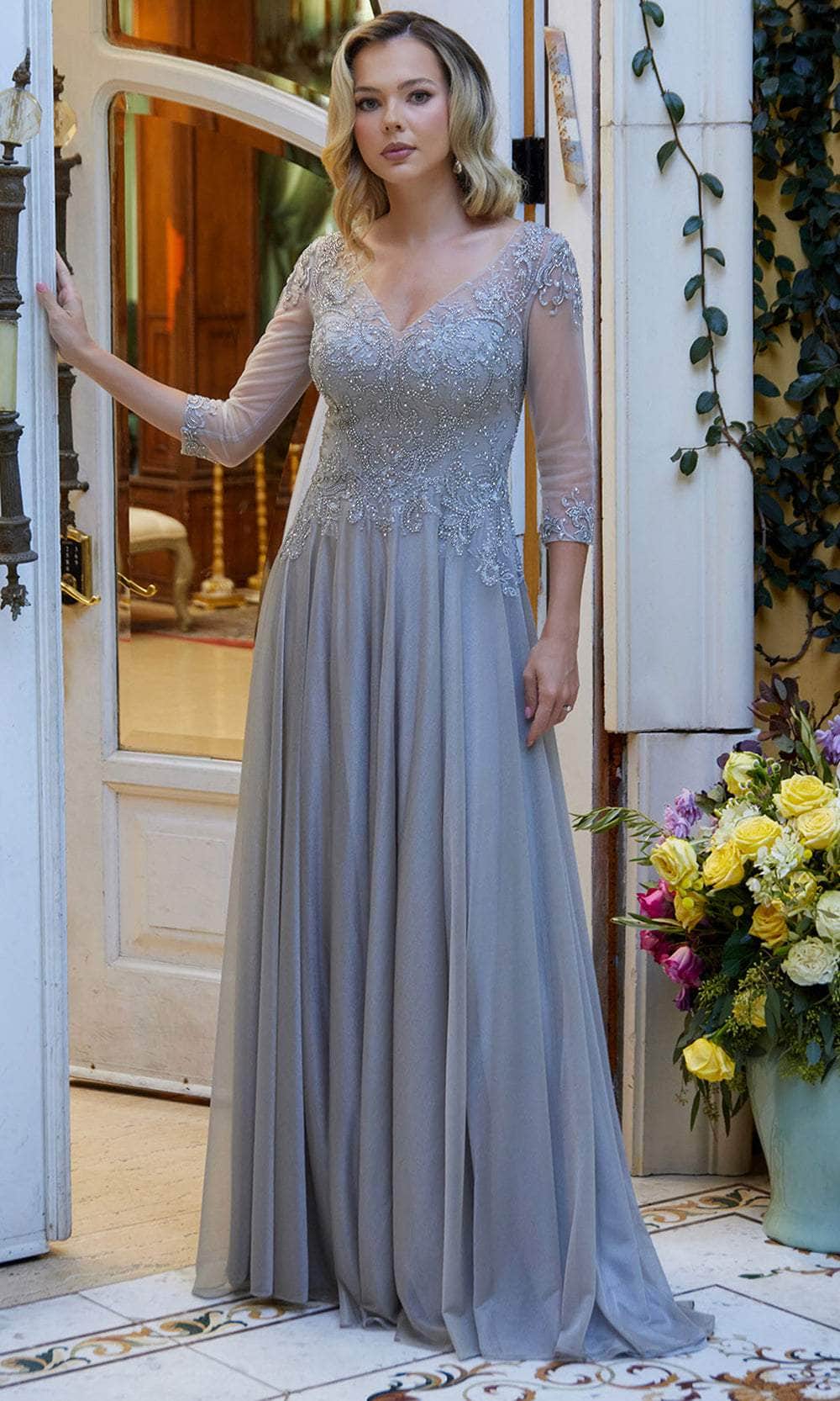 Elizabeth K GL3572 - Jeweled Bodice Deep V-Neck Formal Dress Mother of the Bride Dresses