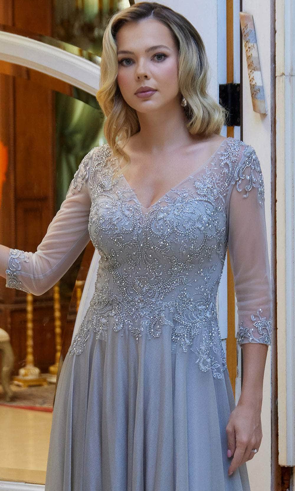 Elizabeth K GL3572 - Jeweled Bodice Deep V-Neck Formal Dress Mother of the Bride Dresses