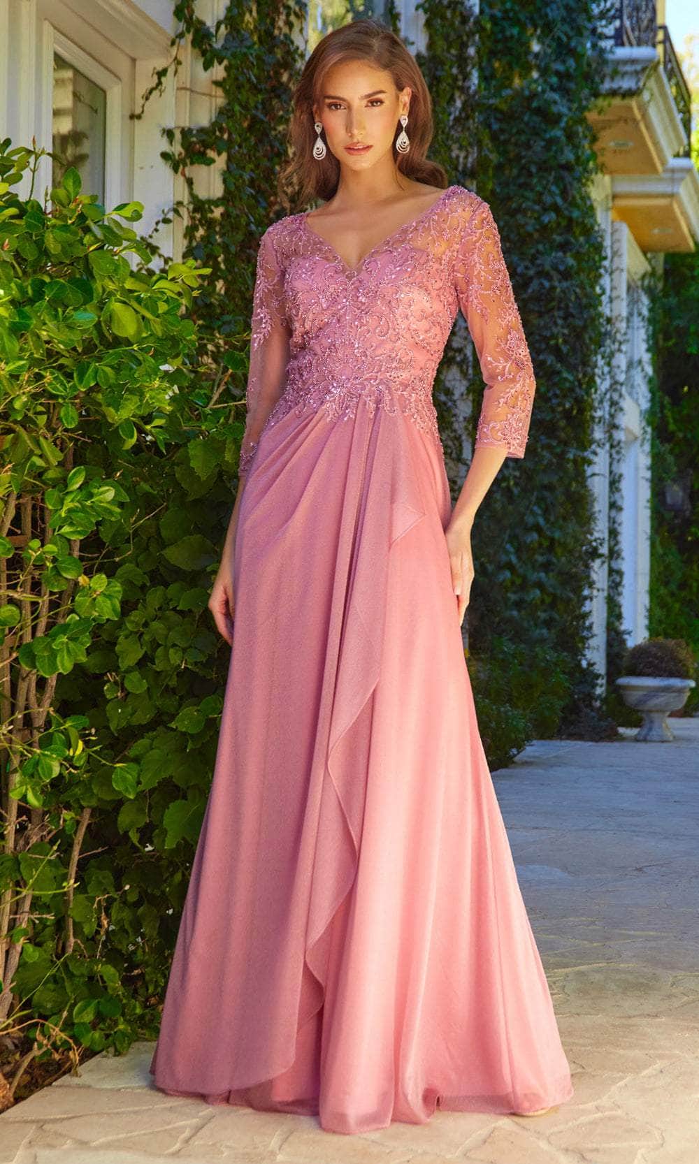 Elizabeth K GL3574 - V-Neck Beaded Lace Formal Dress Mother of the Bride Dresses