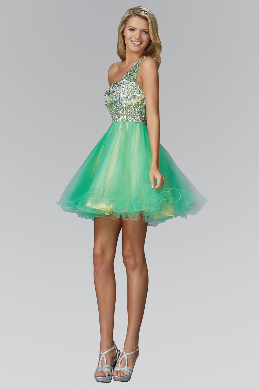 Elizabeth K - GS2033 Asymmetrical Neck Tulle Dress Special Occasion Dress XS / Green/Yellow