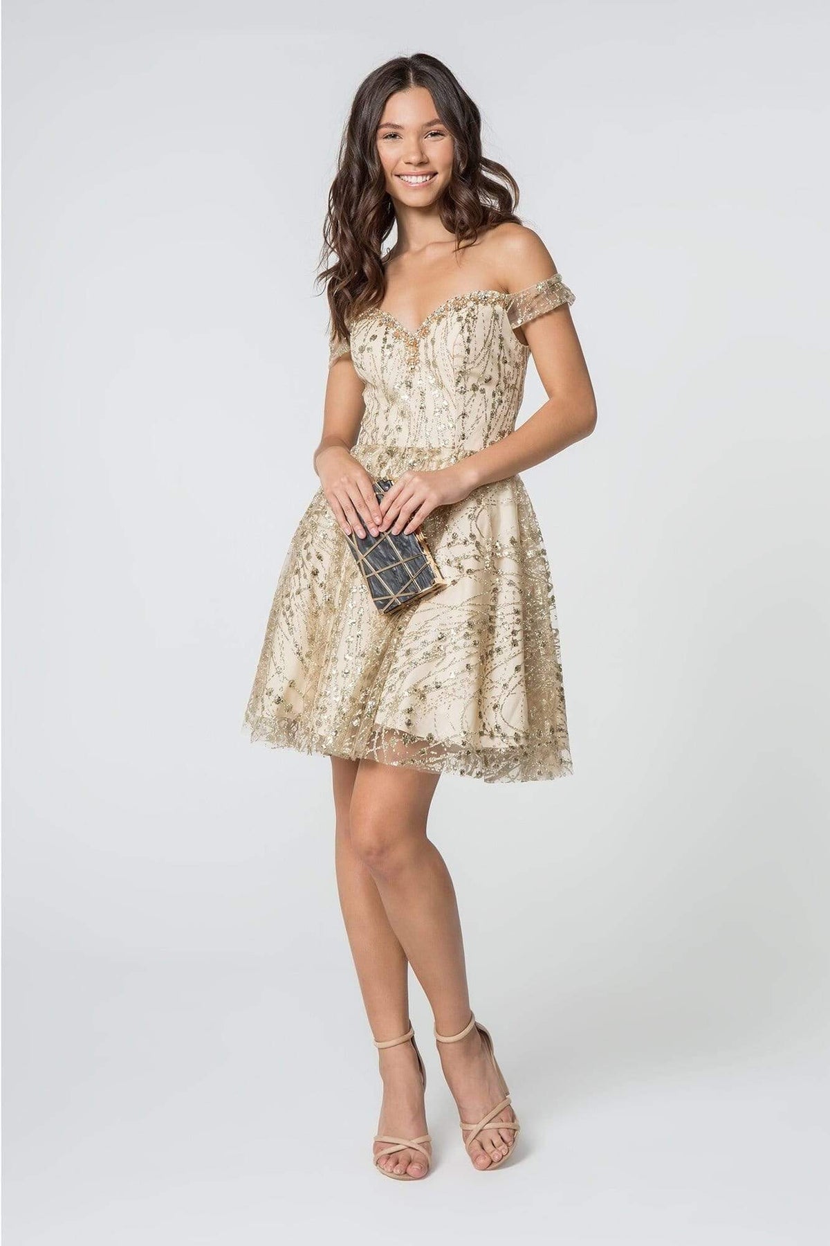 Elizabeth K - GS2833 Glitter Off-Shoulder A-Line Cocktail Dress Homecoming Dresses XS / Champagne