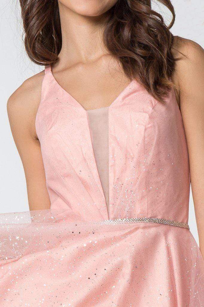 Elizabeth K - GS2865 Glitter Overlaid Plunging Bodice Short Dress Homecoming Dresses