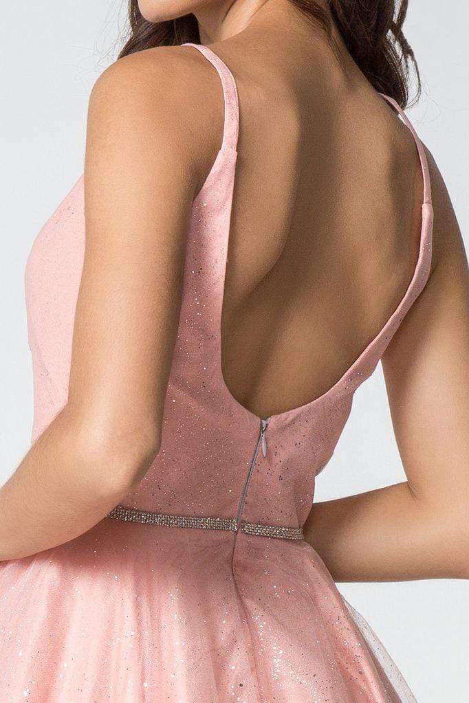 Elizabeth K - GS2865 Glitter Overlaid Plunging Bodice Short Dress Homecoming Dresses