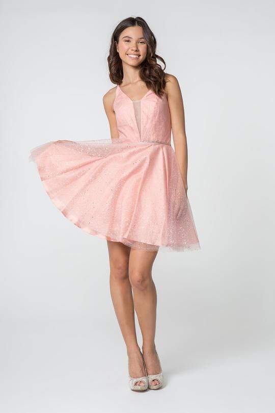 Elizabeth K - GS2865 Glitter Overlaid Plunging Bodice Short Dress Homecoming Dresses XS / Blush