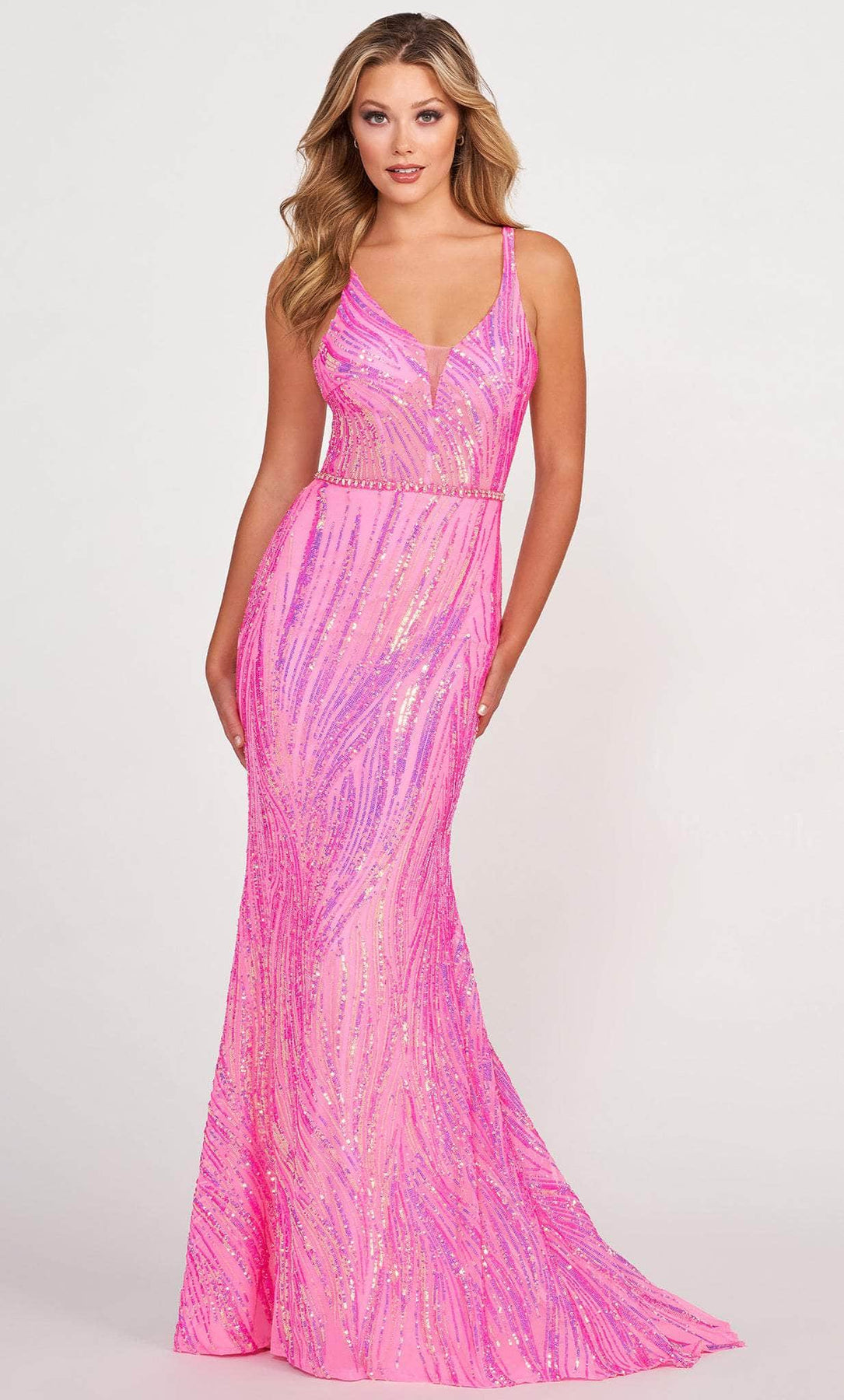 Ellie Wilde EW34037 - Sequined V-Neck Evening Gown Evening Dresses 00 / Hot Pink