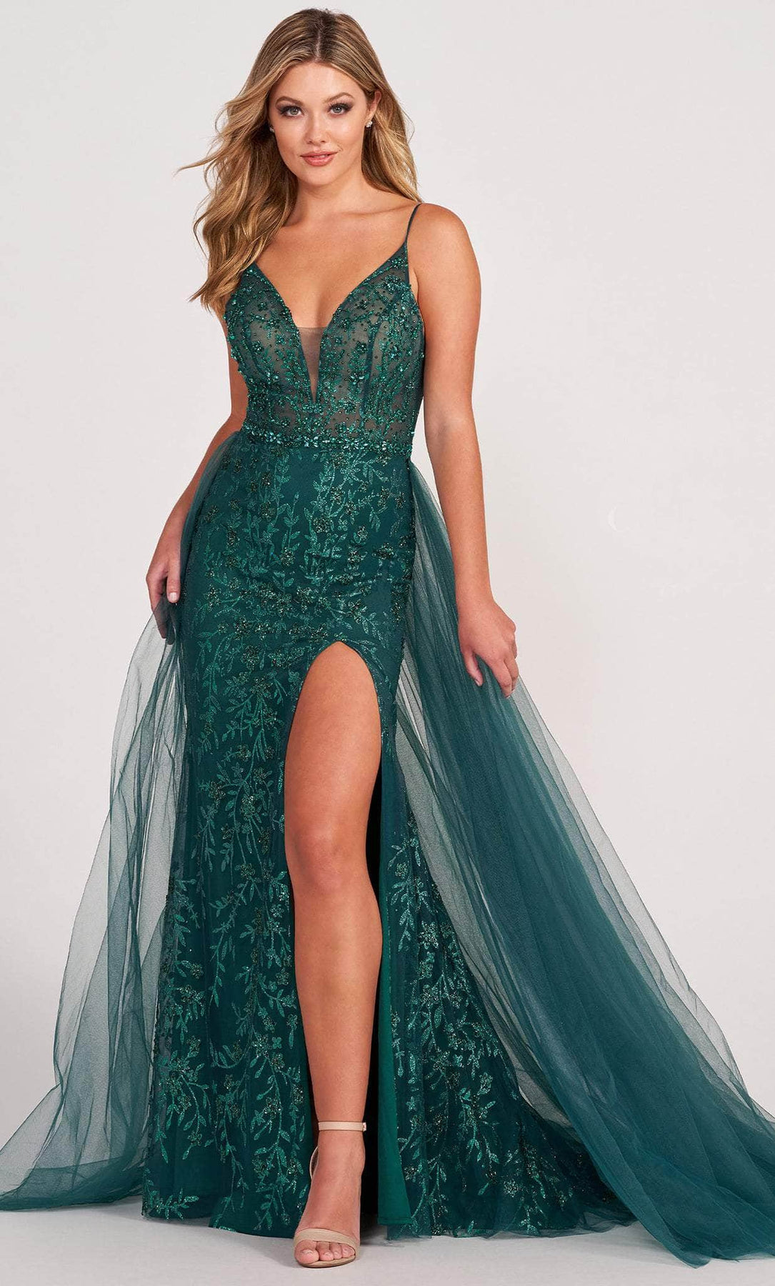 Ellie Wilde EW34058 - Glittered Sheath Dress with Detachable Overskirt Prom Dresses 00 / Emerald