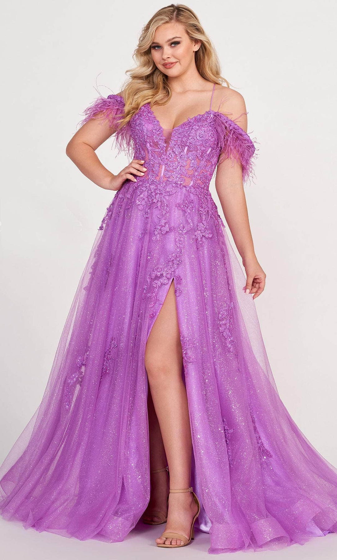 Ellie Wilde EW34066 - Crystal Feather Trim A line Prom Dress Prom Dresses 00 / Iris