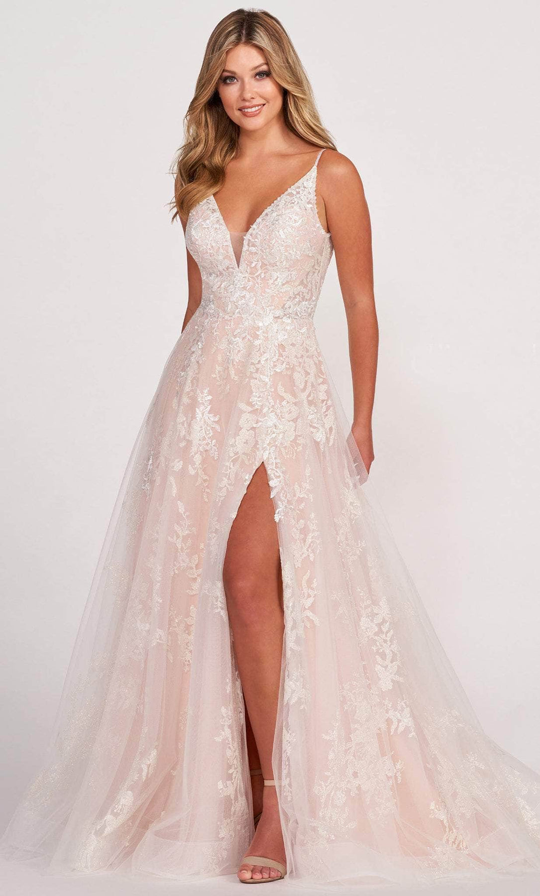 Ellie Wilde EW34107 - V Neck Bare Back A-line Slit Gown Evening Dresses 00 / Iv/Tea Rose