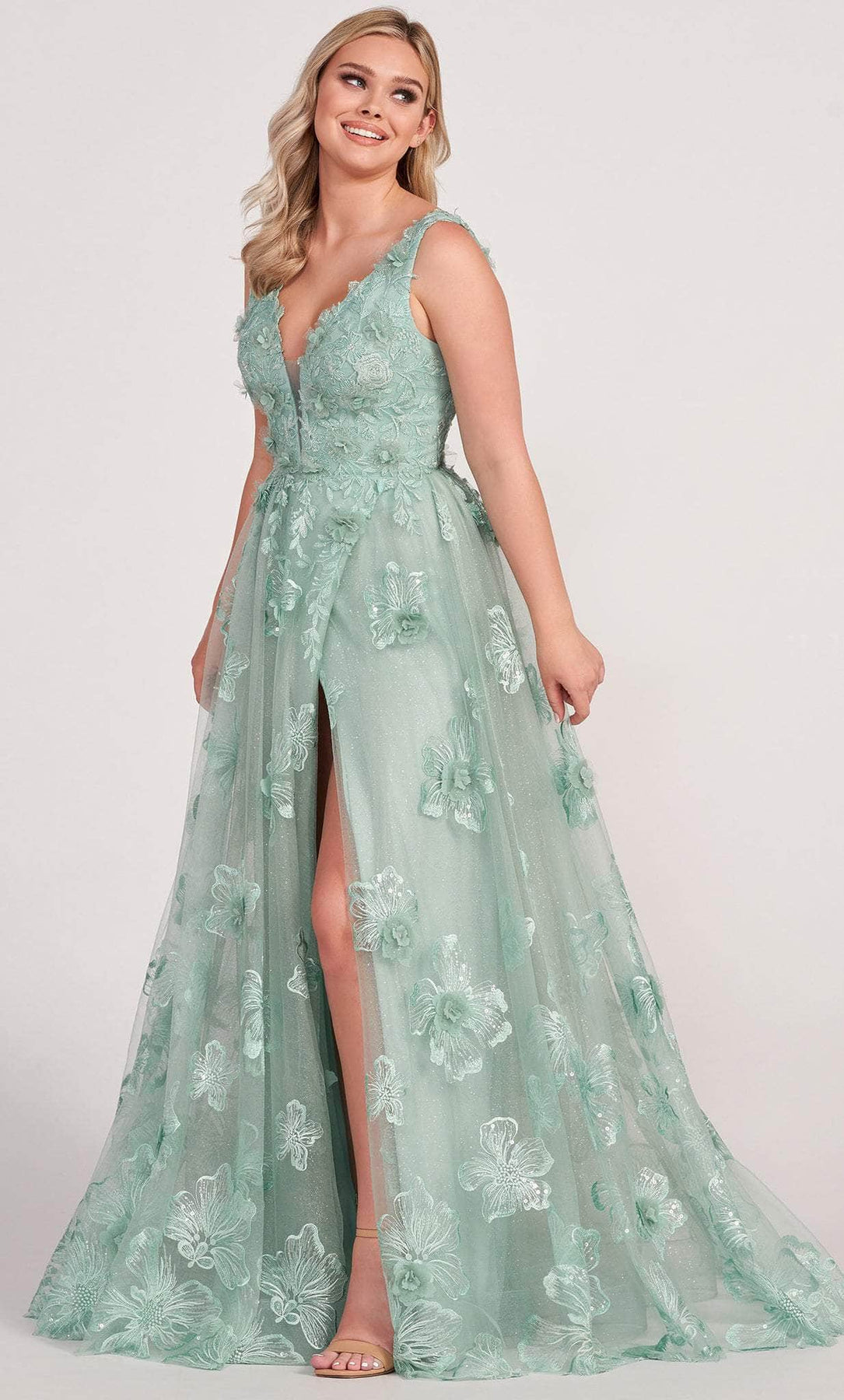 Ellie Wilde EW34121 - Embroidered Lace Slit A line Prom Dress 00 / Sage