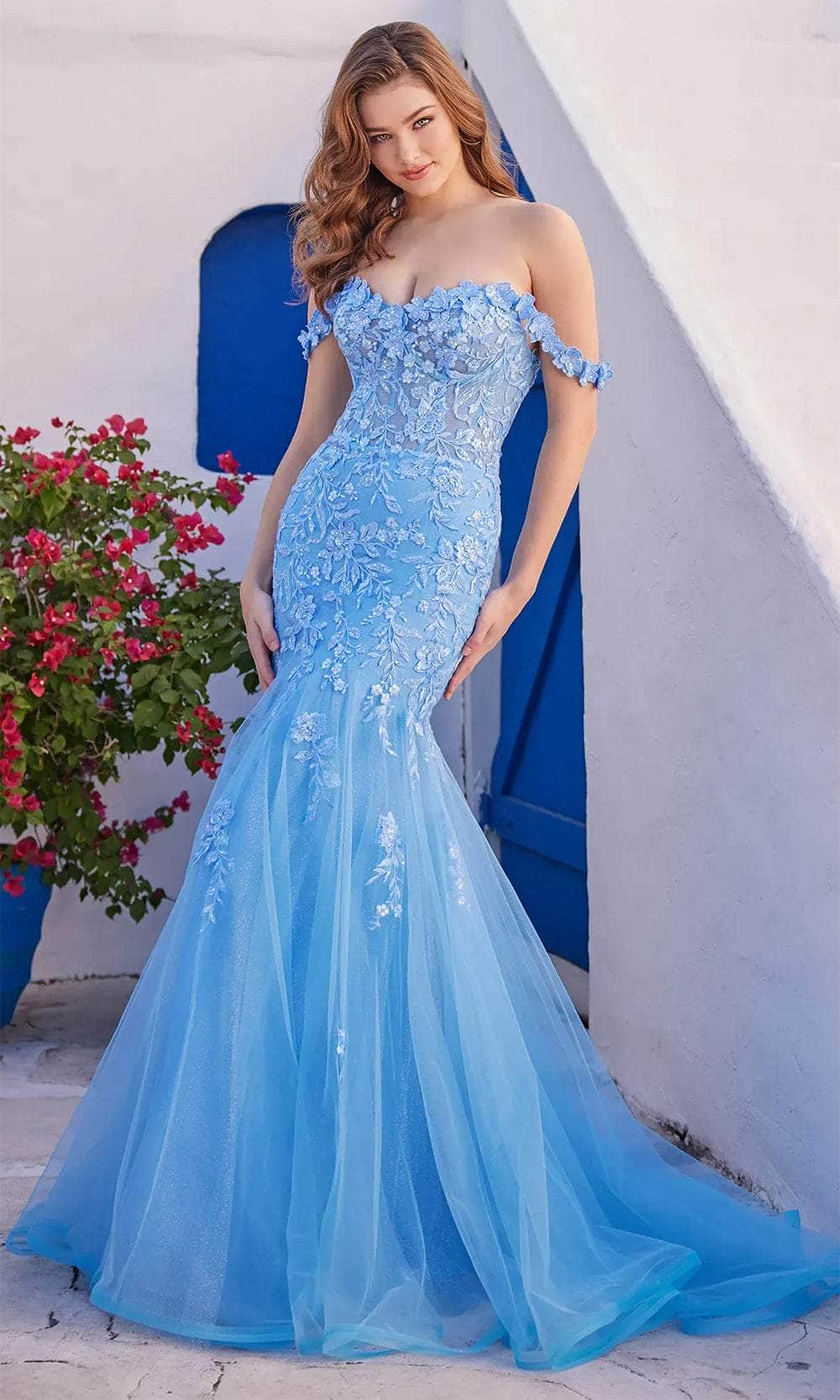 Ellie Wilde EW35102 - Long Embroidered Tulle, Glitter Tulle, Lace Appliques, Jersey , Three-Dimensional Flowers Mermaid Dress - Floral Lace Off-Shoulder Strap, Three-Dimensional, Lace Applique, Corset Bodice, Train ADASA Ellie Wilde EW35102 - Long Embroidered Tulle, Glitter Tulle, Lace Appliques, Jersey , Three-Dimensional Flowers Mermaid Dress - Floral Lace Off-Shoulder Strap, Three-Dimensional, Lace Applique, Corset Bodice, Train ADASA