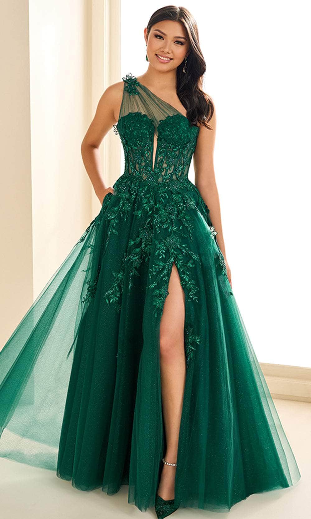 Ellie Wilde EW36207 - Long Tulle, Applique, Three-Dimensional Flowers,  Stone Accents, Glitter Tulle & Lining A-Line Dress - One Shoulder, Plunging  Sweetheart, Beaded, Lace Applique, Mid-Open Back, High Slit, Sweep Train,  Pockets