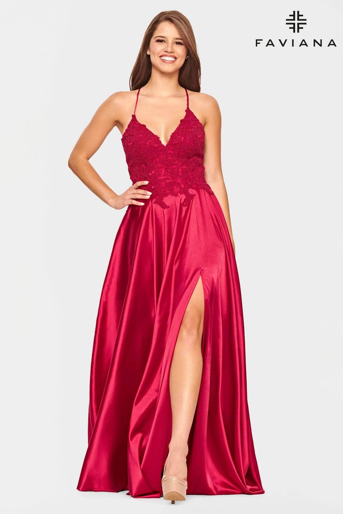 Faviana - S10400 Beaded Lace V Neck Flowy Satin Gown Prom Dresses 00 / Red