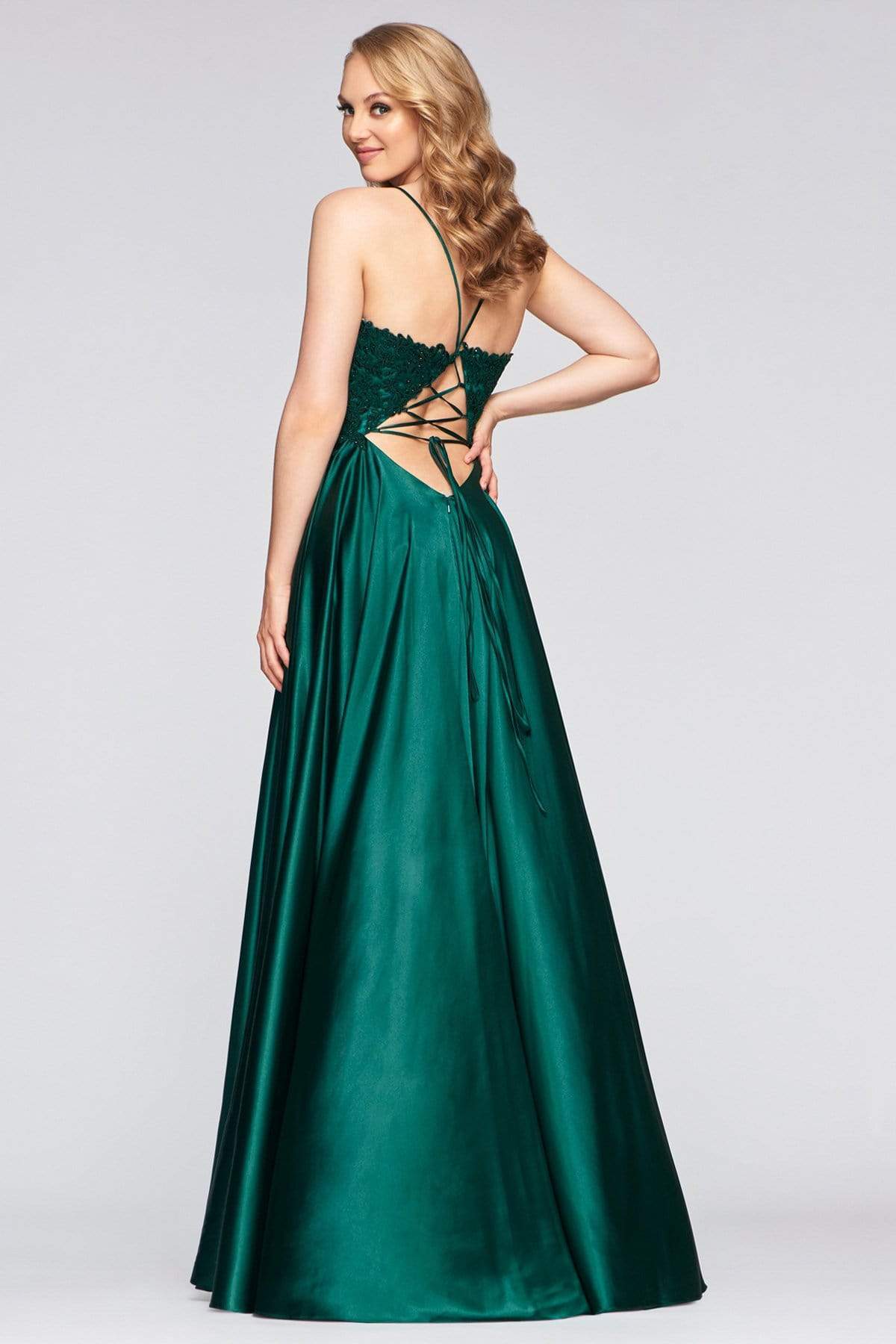 Faviana - S10400 Beaded Lace V Neck Flowy Satin Gown Prom Dresses