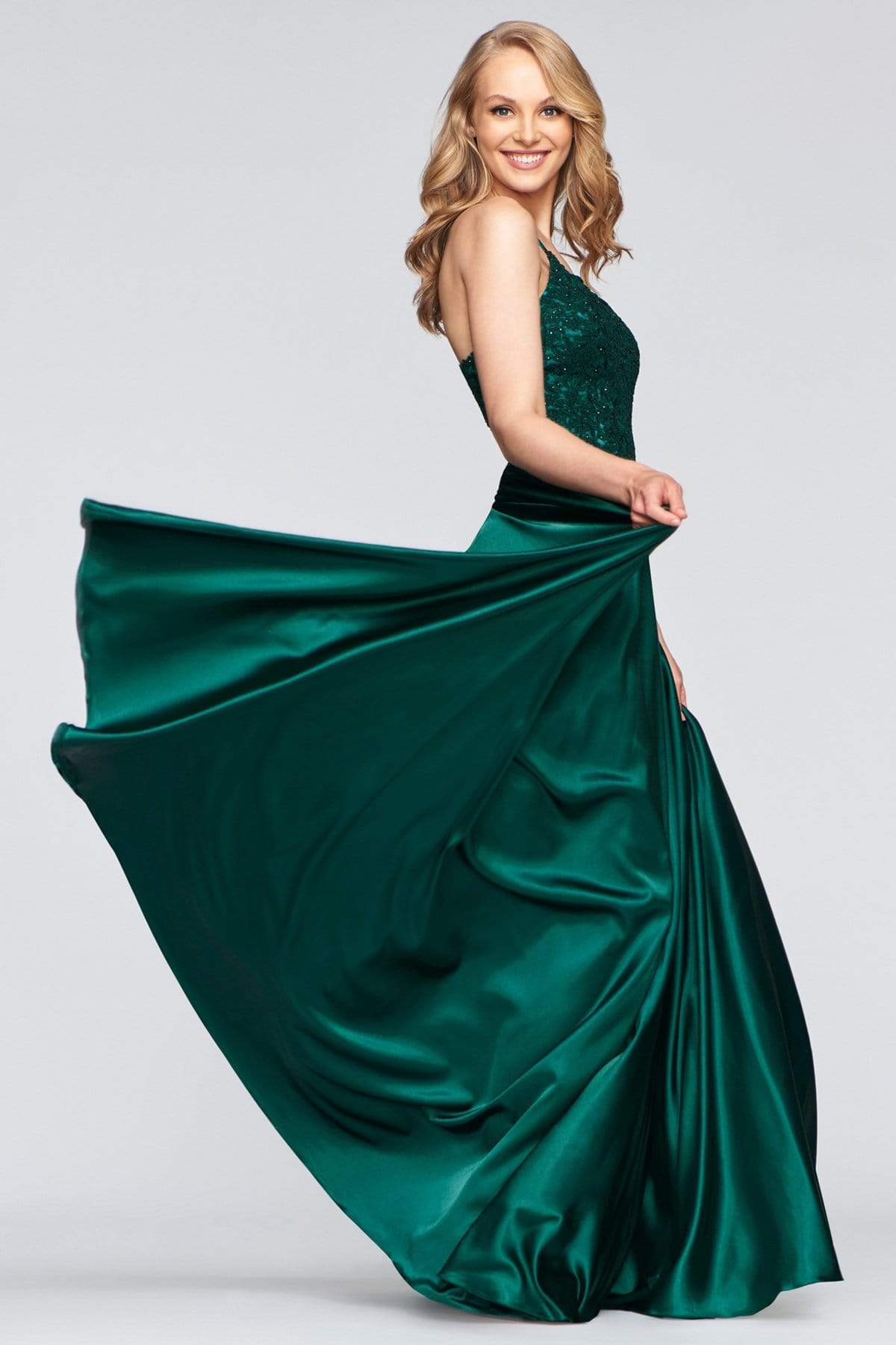 Faviana - S10400 Beaded Lace V Neck Flowy Satin Gown Prom Dresses