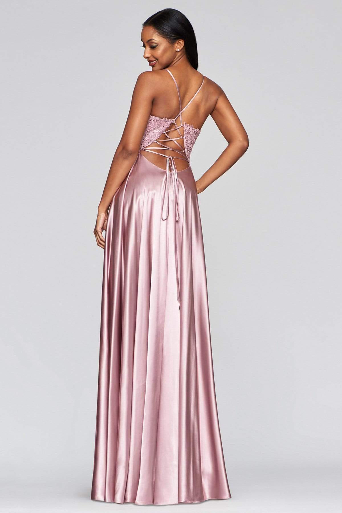 Faviana - S10400 Beaded Lace V Neck Flowy Satin Gown Prom Dresses