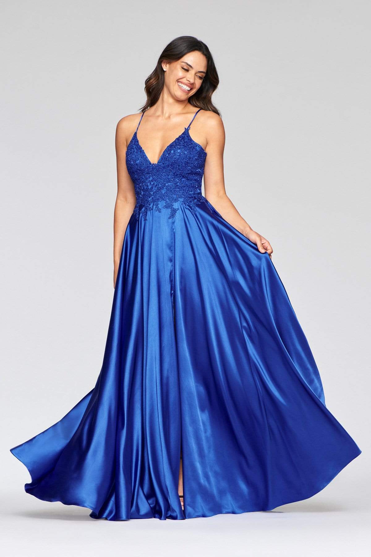 Faviana - S10400 Beaded Lace V Neck Flowy Satin Gown Prom Dresses