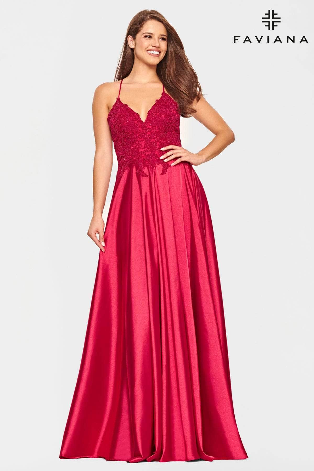 Faviana - S10400 Beaded Lace V Neck Flowy Satin Gown Prom Dresses