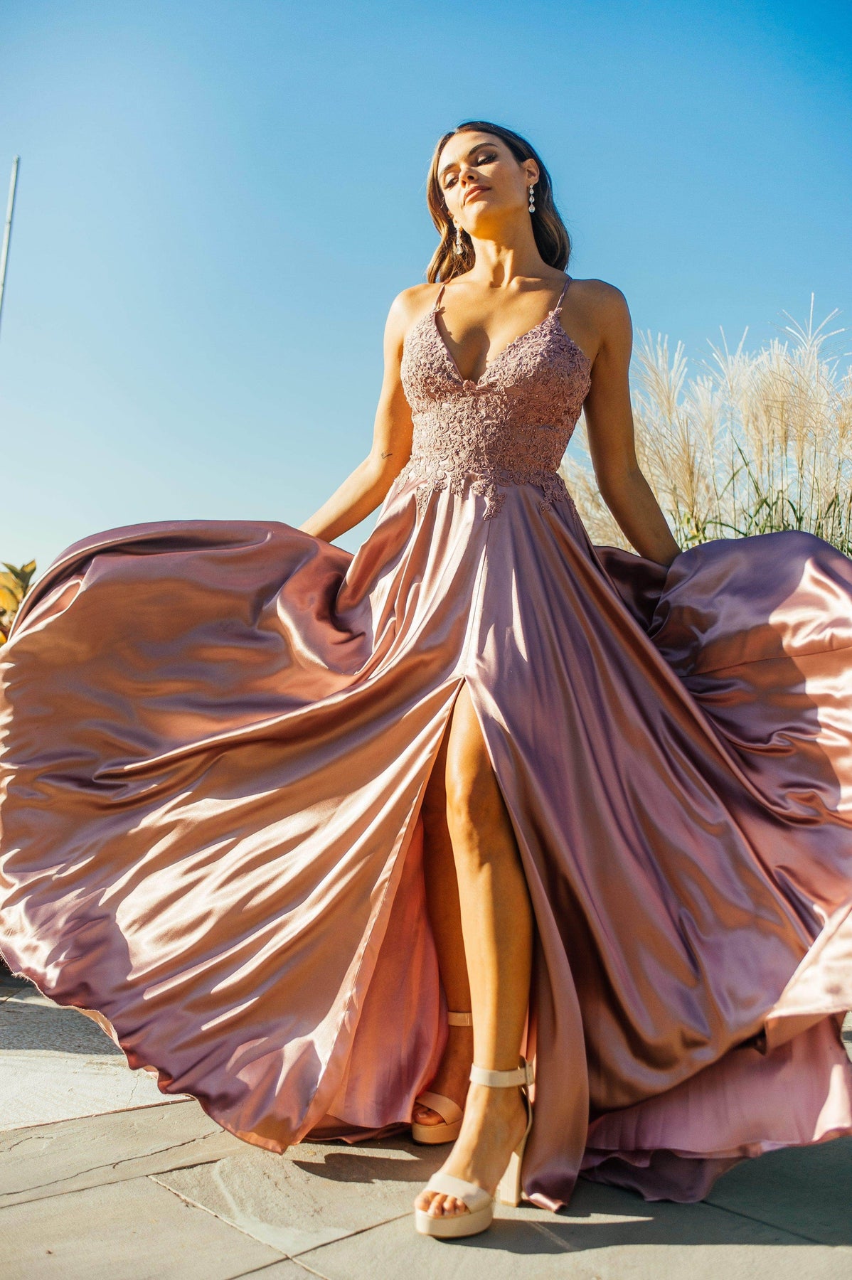 Faviana - S10400 Beaded Lace V Neck Flowy Satin Gown Prom Dresses