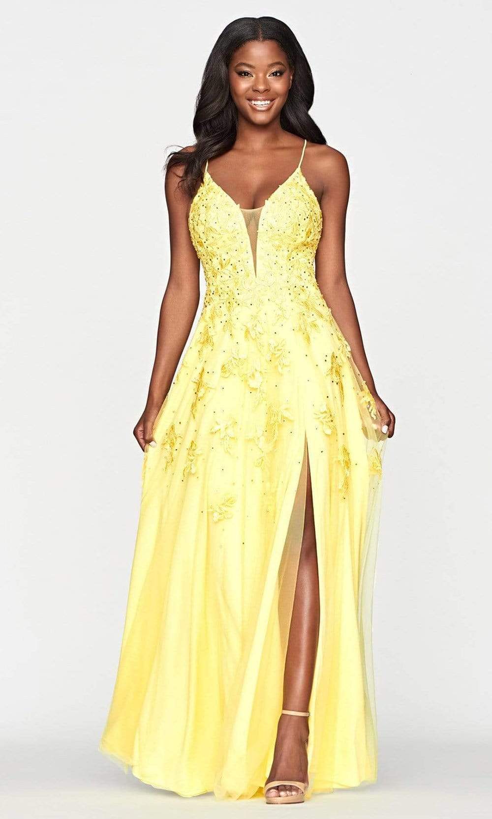 Faviana - S10640 Embroidered Applique Gown With Slit Prom Dresses