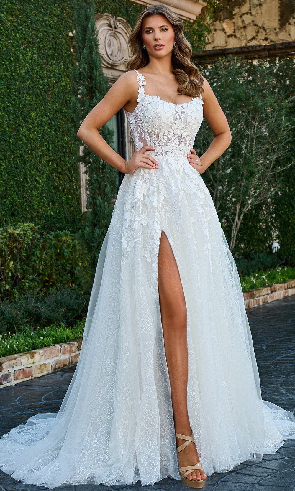 Rachel Allan Bridal RB3207 - Long Tulle, Lace A-line Dress - Floral Lace Overlay, Sheer Bodice, High Slit, Scoop Back, Sweep Train ADASA Rachel Allan Bridal RB3207 - Long Tulle, Lace A-line Dress - Floral Lace Overlay, Sheer Bodice, High Slit, Scoop Back, Sweep Train ADASA
