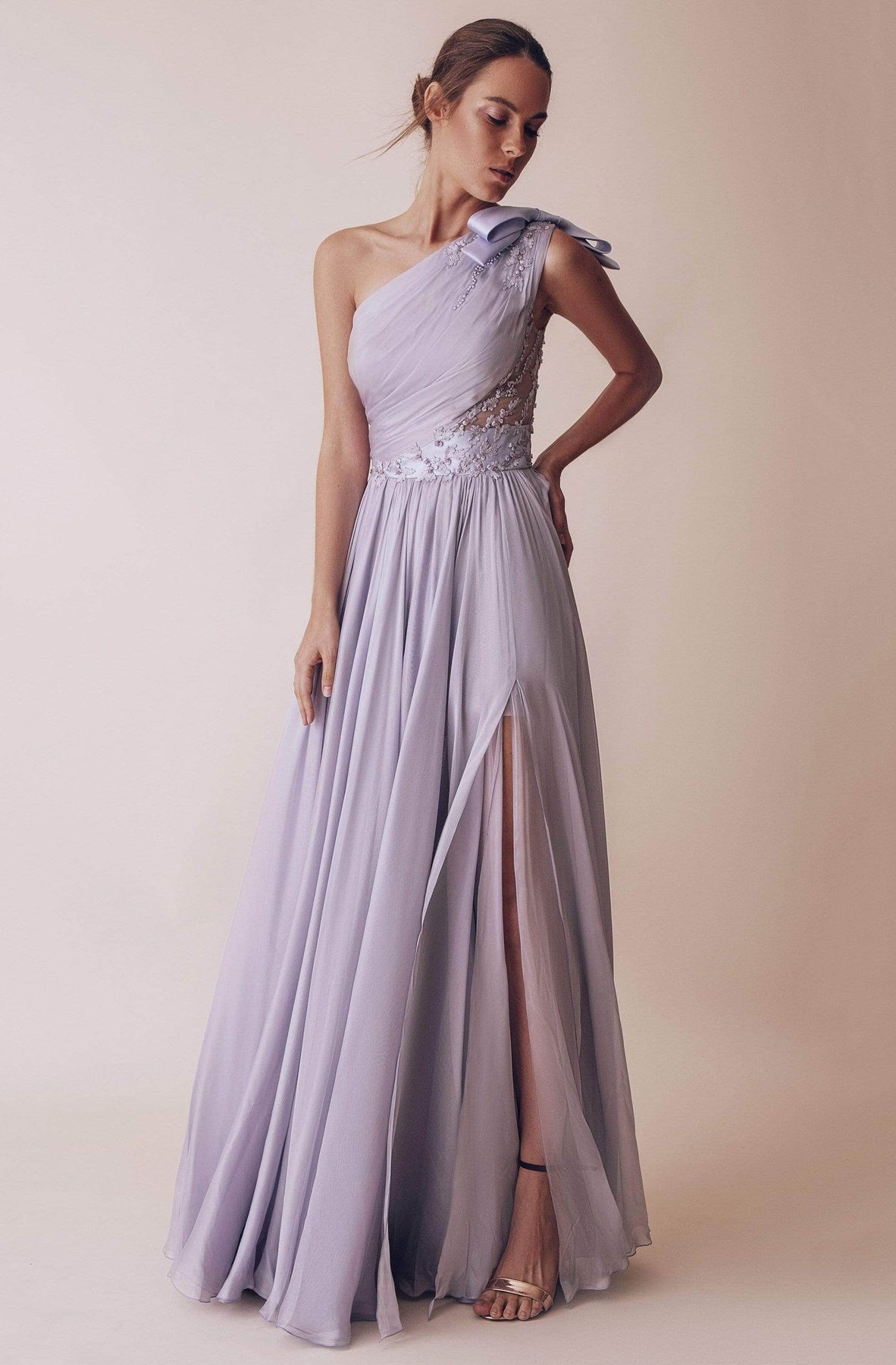 Gatti Nolli Couture - Ruched Asymmetric Prom Gown OP-4981 - 1 pc Lilac In Size 20 Available CCSALE 20 / Lilac