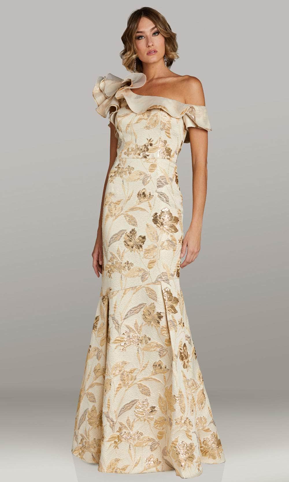 Gia Franco 12447 - Jacquard Long Mermaid Dress - Ruffles, Short Sleeve, Floral Motifs, Pleated Skirt, Mid-Open Back, Full Length 12 / Blue Gia Franco 12447 - Jacquard Long Mermaid Dress - Ruffles, Short Sleeve, Floral Motifs, Pleated Skirt, Mid-Open Back, Full Length 12 / Blue