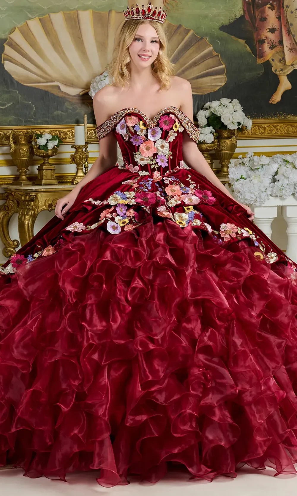 Elizabeth K GL3638 - Long Organza, Velvet Ballgown Dress - Colorful Floral Embroidery, Beaded Off-Shoulder Sleeves, Ruffled Layer Skirt, Lace-Up Back, Sweep Train ADASA Elizabeth K GL3638 - Long Organza, Velvet Ballgown Dress - Colorful Floral Embroidery, Beaded Off-Shoulder Sleeves, Ruffled Layer Skirt, Lace-Up Back, Sweep Train ADASA