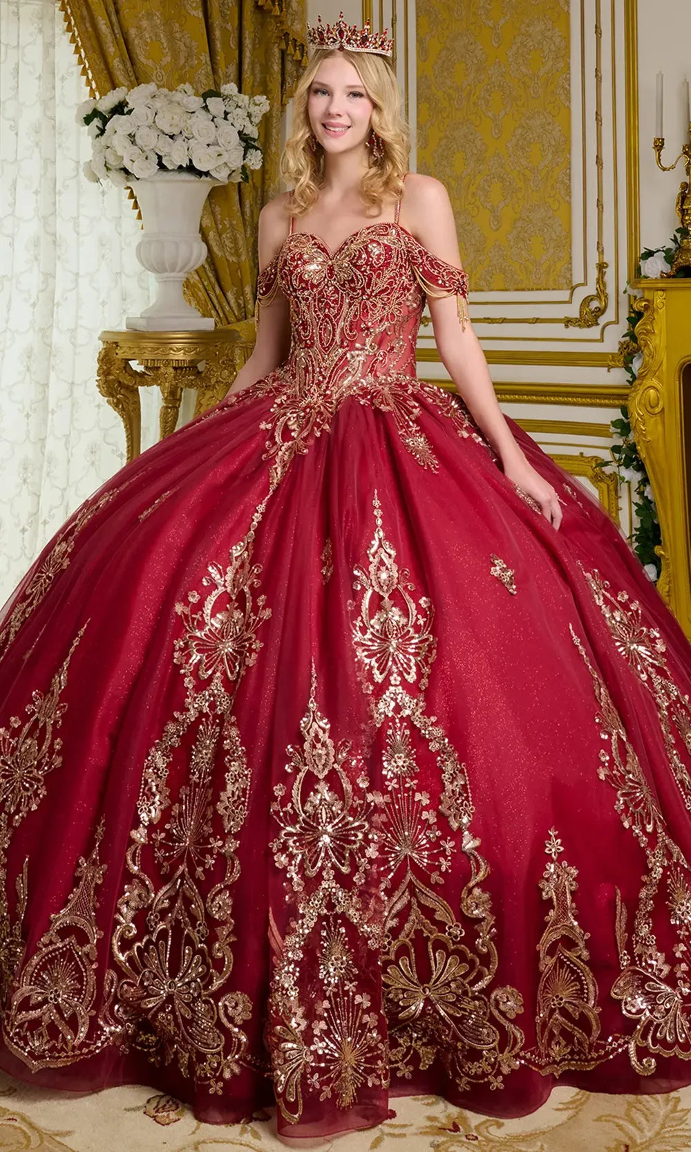 Elizabeth K GL3639 - Long Tulle Ballgown Dress - Detachable Back Bow, Spaghetti Straps, Off Shoulder Sleeves, Beaded, Sequin, Embroidery, Corset Lace-Up Back, Sweep Train ADASA Elizabeth K GL3639 - Long Tulle Ballgown Dress - Detachable Back Bow, Spaghetti Straps, Off Shoulder Sleeves, Beaded, Sequin, Embroidery, Corset Lace-Up Back, Sweep Train ADASA