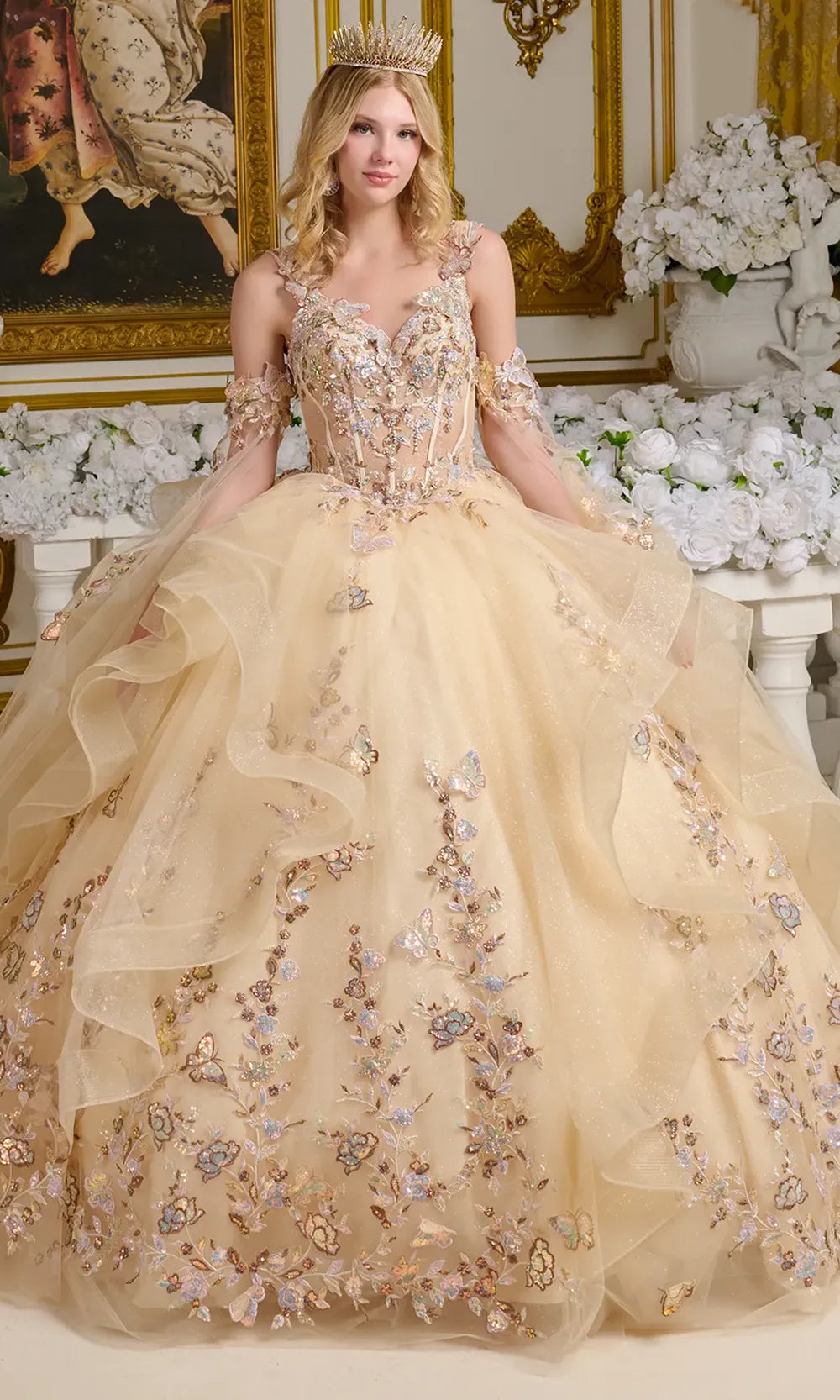 beaded dress appliques Gold Illusion neck Beaded Appliques Prom Dress, Gold / US2