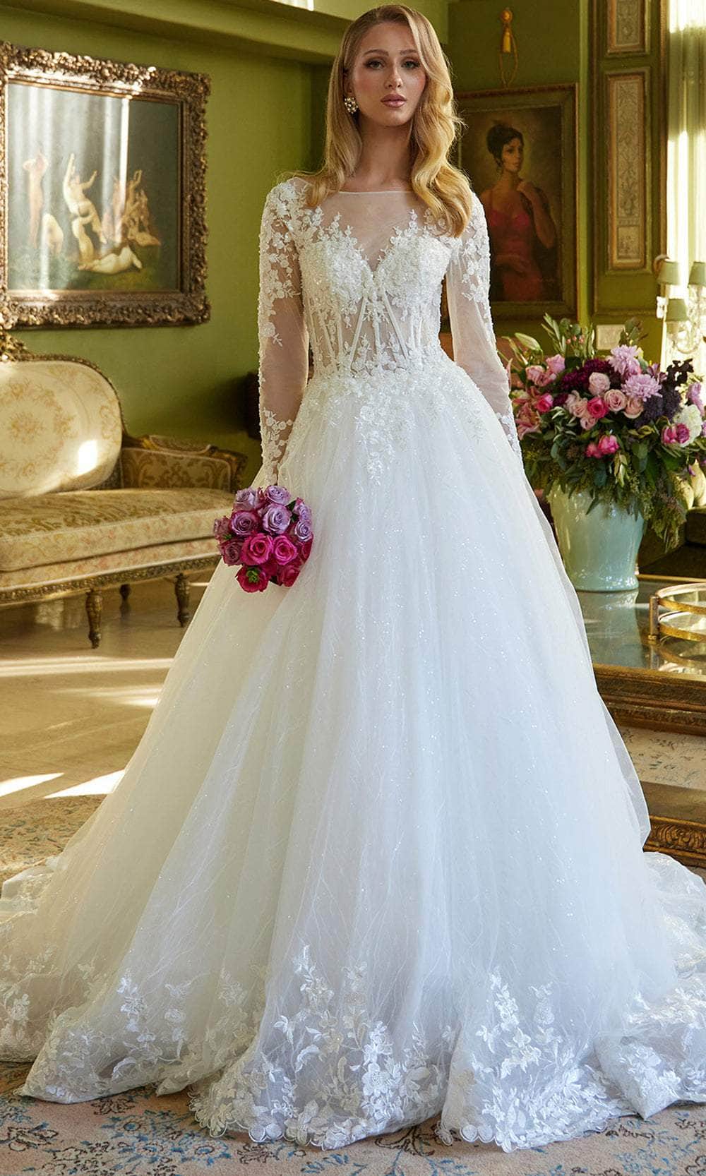 mesh corset wedding dress GLS by Gloria Bridal GL3428 - Long Mesh A-Line Dress
