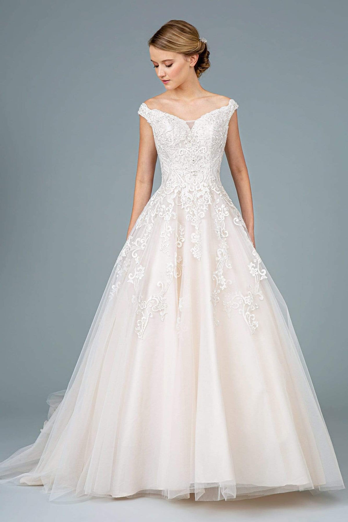 GLS by Gloria - GL1800 Embroidered Off-Shoulder A-line Gown Wedding Dresses XS / Ivory/Cream