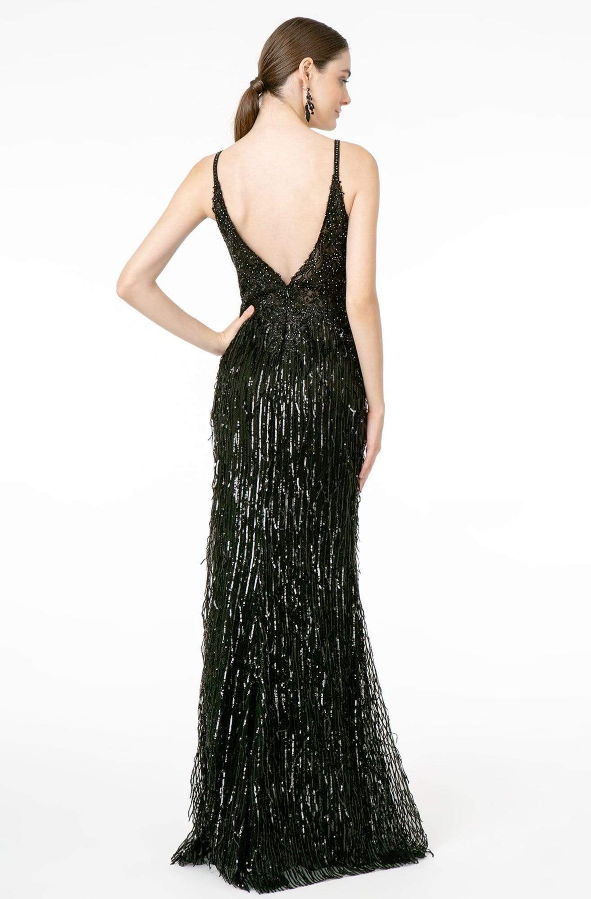 GLS by Gloria - GL1824 Plunging Sequin Fringed Sheath Gown Evening Dresses