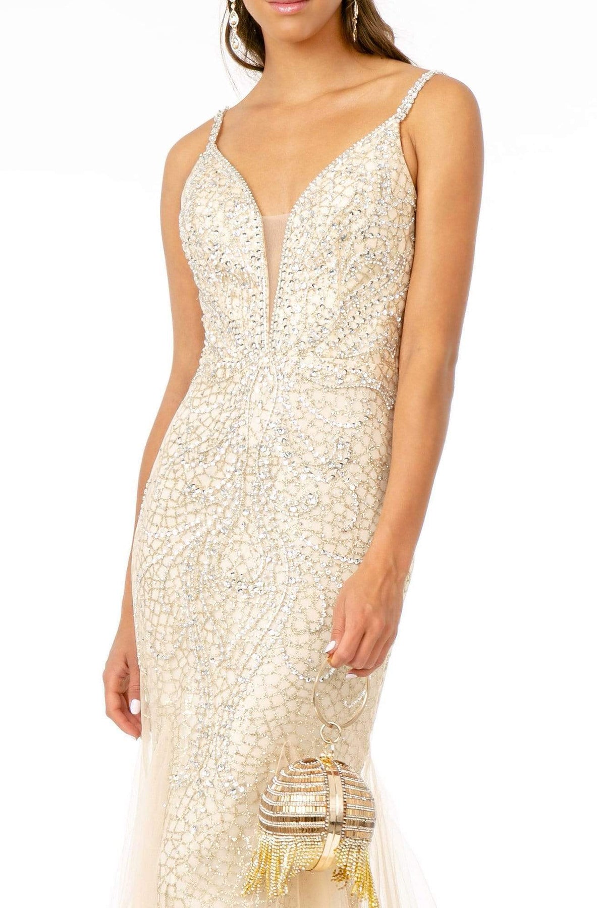 GLS by Gloria - GL1842 Plunging Beaded Metallic Tulle Trumpet Gown Evening Dresses