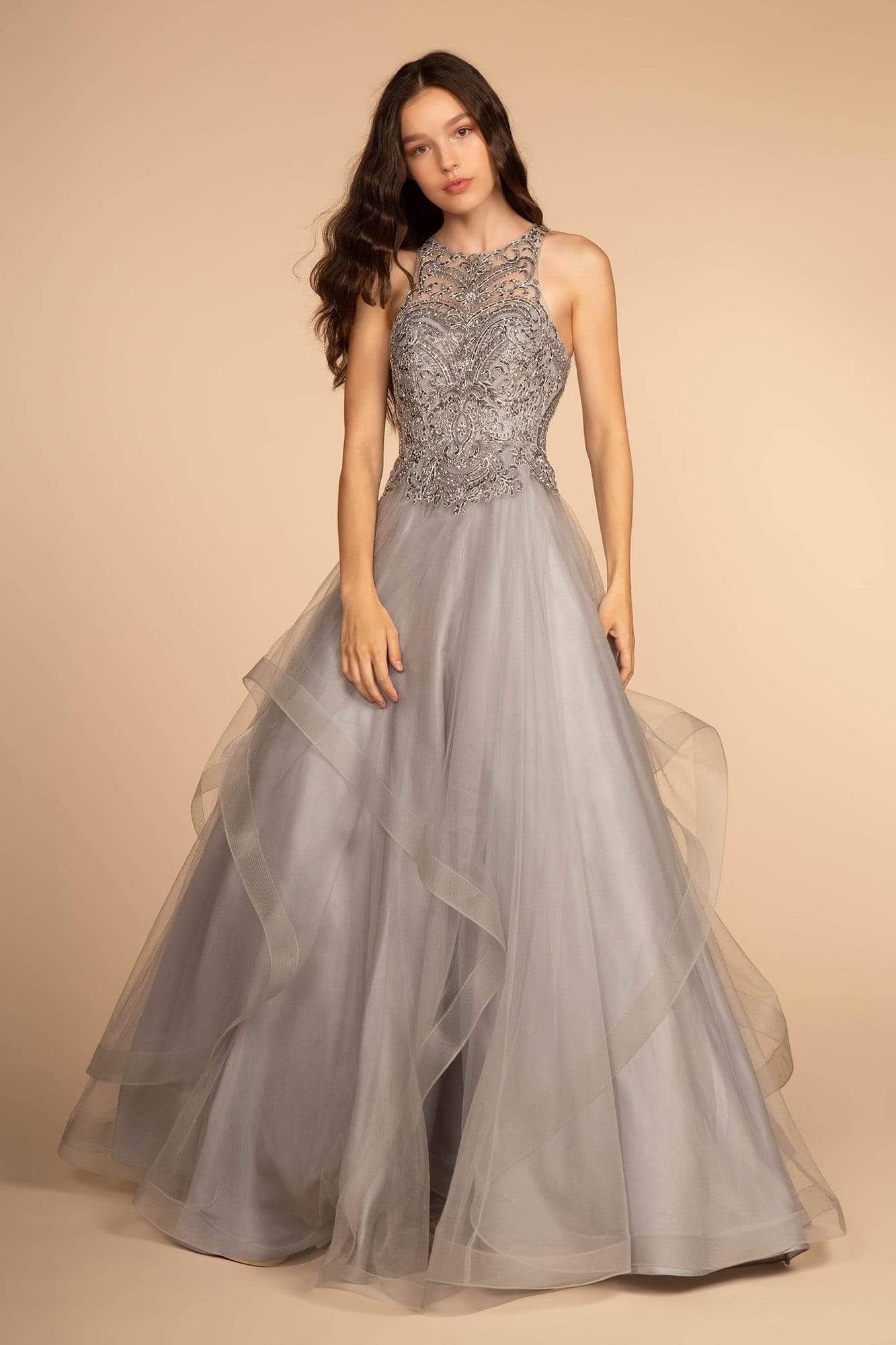 GLS by Gloria - GL2528 Embroidered Illusion Jewel Tiered Gown Special Occasion Dress XS / Silver