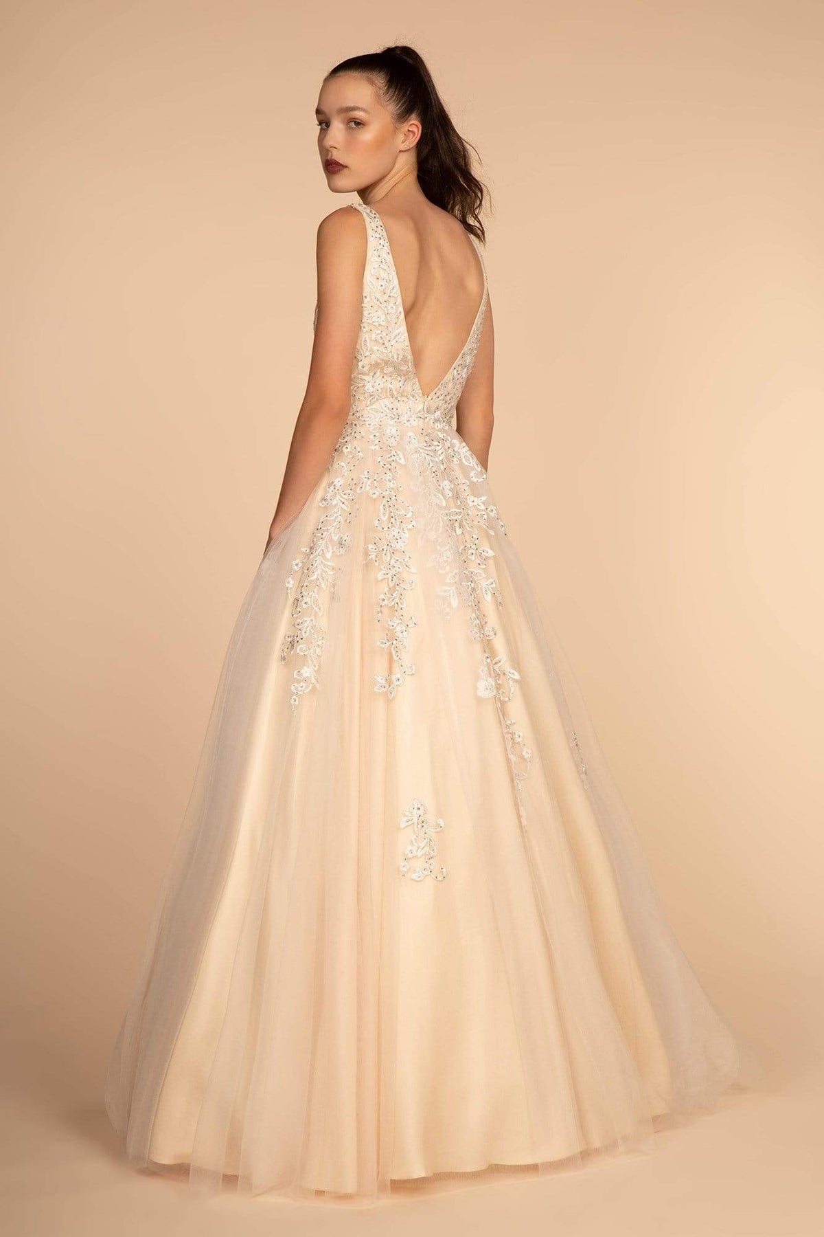 GLS by Gloria - GL2529 Plunging V-Neck Trailing Blossom Gown Wedding Dresses